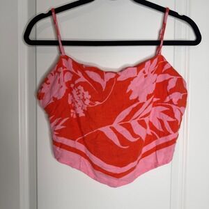 Sienna Sky Orange Pink Floral Handkerchief Hem Crop Top Smocked Back Large